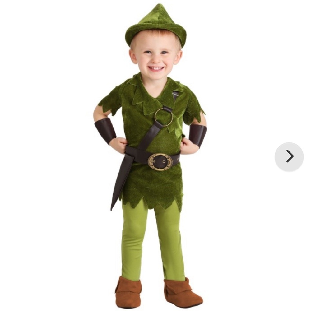 Toddler Peter Pan Costume with Hat, Shirt, Tights, Belt/Harness and Wrist Cuffs